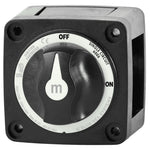 Front view of black battery switch with rotary knob in OFF position, showing ignition protected and single circuit text