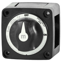 Front view of black battery switch with rotary knob in OFF position, showing ignition protected and single circuit text