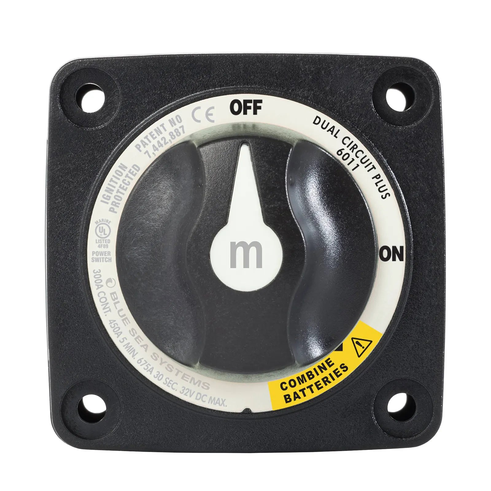 Front view of black 300A dual circuit battery switch with white knob showing Off, On, and Combine positions