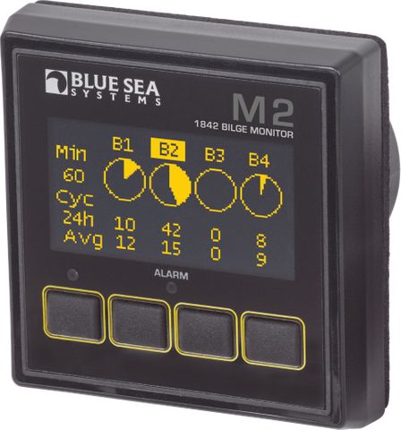 Blue Sea M2 digital bilge monitor with bright organic LED display showing status for four bilge pumps
