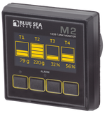 Blue Sea M2 digital tank monitor with OLED display showing levels for four tanks