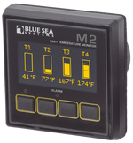 Blue Sea M2 OLED digital temperature monitor showing four temperature readings and tactile control buttons