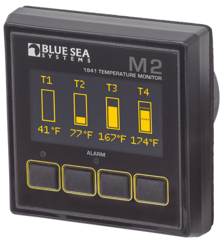 Blue Sea M2 OLED digital temperature monitor showing four temperature readings and tactile control buttons