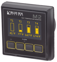 Blue Sea M2 OLED digital temperature monitor showing four temperature readings and tactile control buttons