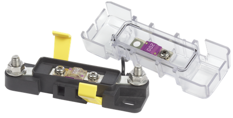 Blue Sea MIDI fuse block with transparent safety cover removed showing 200A fuse and stainless steel terminal studs