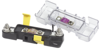 Blue Sea MIDI fuse block with transparent safety cover removed showing 200A fuse and stainless steel terminal studs