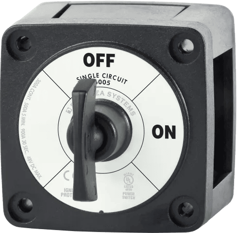 Front view of Blue Sea 6005 m-Series battery switch showing black housing, rotary knob and amperage ratings