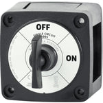 Front view of Blue Sea 6005 m-Series battery switch showing black housing, rotary knob and amperage ratings