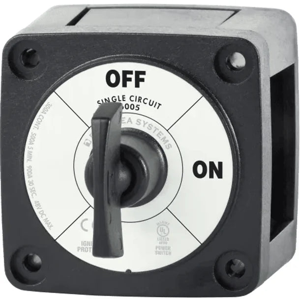 Front view of Blue Sea 6005 m-Series battery switch showing black housing, rotary knob and amperage ratings