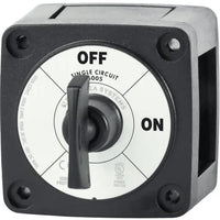 Front view of Blue Sea 6005 m-Series battery switch showing black housing, rotary knob and amperage ratings