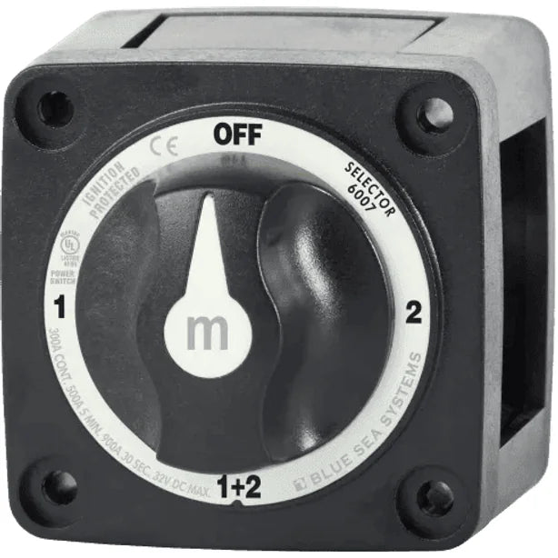 Black 4-position battery selector switch with OFF, 1, 2, and 1+2 settings