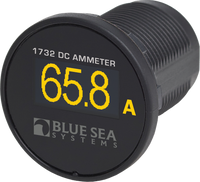 Blue Sea Mini OLED ammeter showing a 65.8 Amp reading on a high-contrast display
