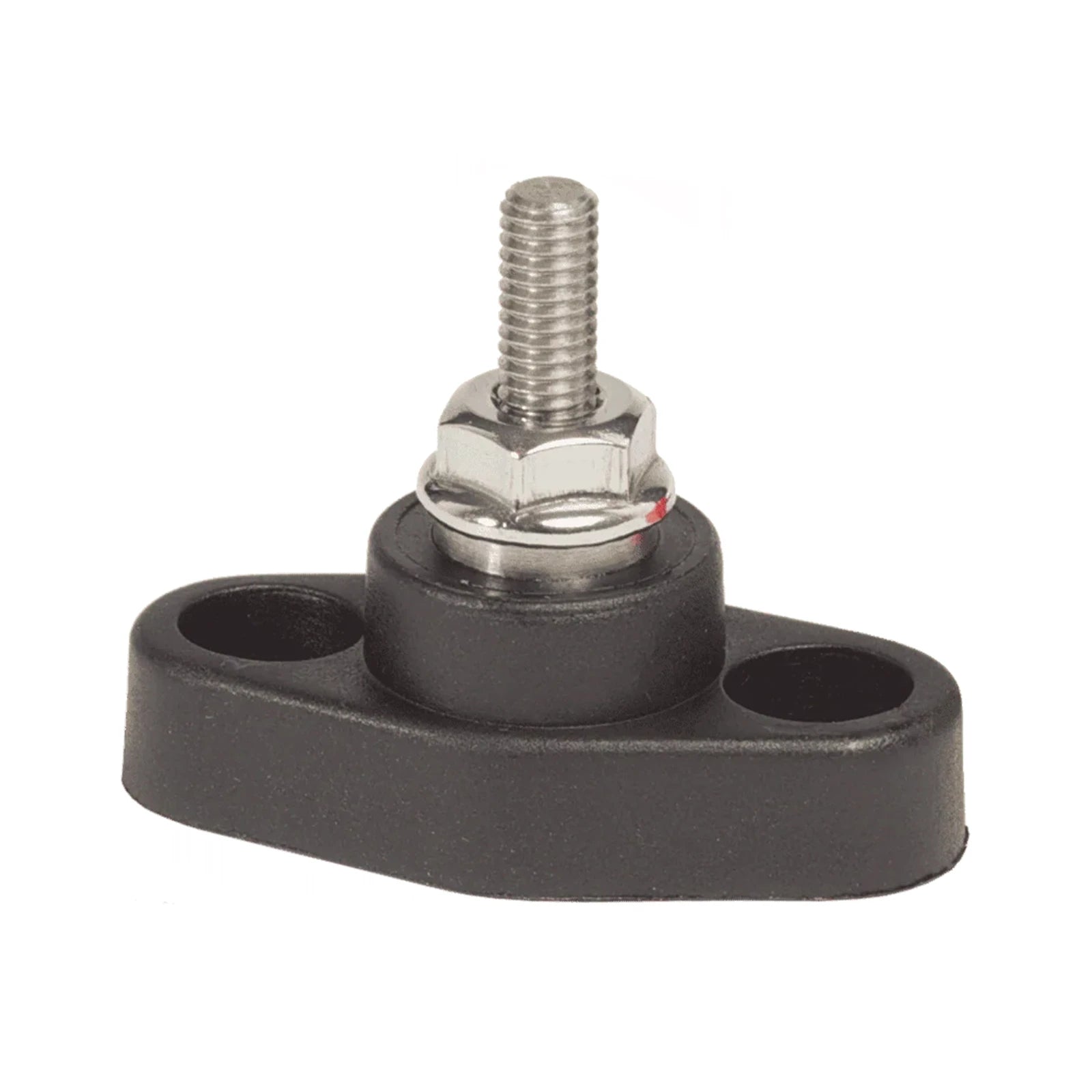 Mini power post connector with stainless steel 10-32 stud on black reinforced thermoplastic base