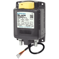 Blue Sea ML-ACR 24V 500A automatic charging relay with yellow manual control knob and tinned studs