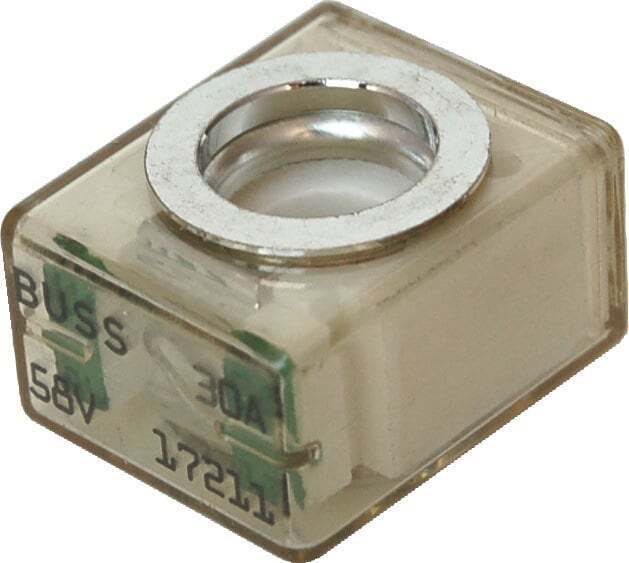 Blue Sea MRBF fuse 30A with clear casing and silver ring terminal, displaying green 58V and 30A text