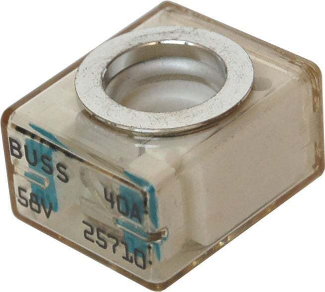 Close-up of clear cubic 40A MRBF fuse showing silver ring terminal and 58V rating