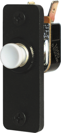 Blue Sea OFF-(ON) AC/DC push-button switch with white button on black mounting plate