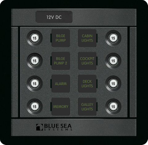 Front view of an 8-position Blue Sea Panel 360 circuit protection panel with push-to-reset breakers and labels