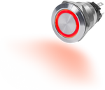 Stainless steel push button switch with red LED ring illumination and rear spade terminals