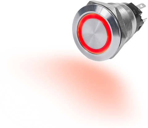 Stainless steel push button switch with red LED ring illumination and rear spade terminals