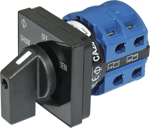 Blue Sea rotary source selector switch with Shore, Off and Gen positions for marine AC power management