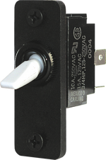Blue Sea SPDT ON-OFF-ON toggle switch with white lever mounted in black panel