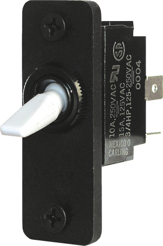 Blue Sea SPDT ON-OFF-ON toggle switch with white lever mounted in black panel