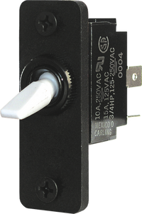 Blue Sea SPDT ON-OFF-ON toggle switch with white lever mounted in black panel