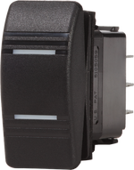 Black three-position SPDT rocker switch with white indicators and rear quick-connect terminals