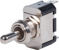 Blue Sea SPST ON-OFF-ON toggle switch with nickel-plated brass construction and spade terminals