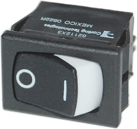Black SPST rocker switch for Blue Sea 360 panels featuring white on-off symbols and snap-in mounting