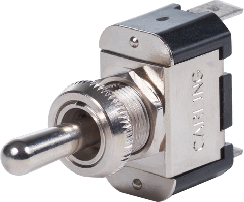 Blue Sea SPST (ON)-OFF-ON toggle switch with nickel-plated brass lever and threaded mounting neck