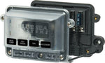 Blue Sea water-resistant fuse block with clear cover open showing fuse slots, terminals and circuit labels