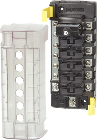 Blue Sea six-position circuit breaker block with negative bus bar and clear insulating cover