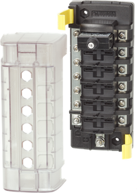 Blue Sea six-position circuit breaker block with negative bus bar and clear insulating cover