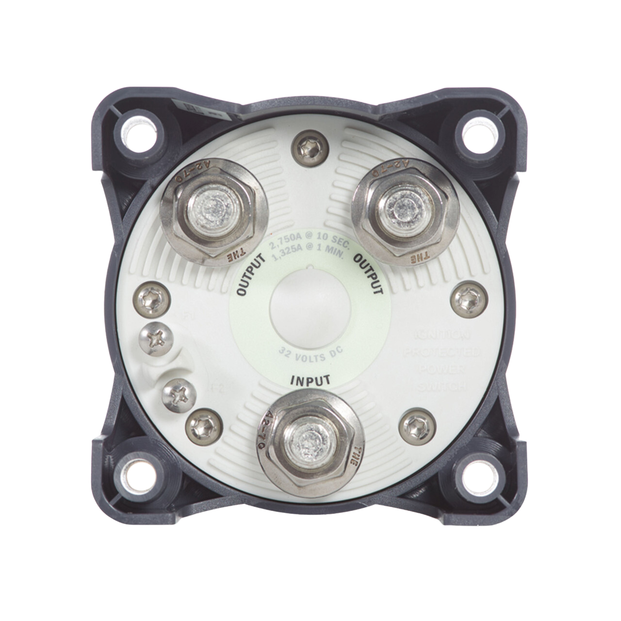 Rear of battery switch displaying heavy-duty studs and alternator field disconnect terminals