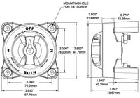 Technical dimension drawing of Blue Sea switch showing 98mm width and mounting spacing
