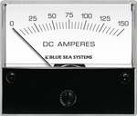 Front view of an analogue DC ammeter with a 0 to 150 Ampere scale and black mounting face