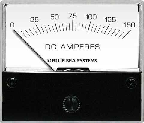 Front view of an analogue DC ammeter with a 0 to 150 Ampere scale and black mounting face