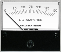 Front view of an analogue DC ammeter with a 0 to 150 Ampere scale and black mounting face