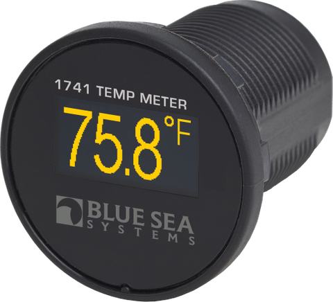 Blue Sea Systems Mini OLED temperature meter with yellow digital display and threaded mounting body