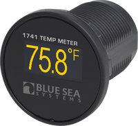 Blue Sea Systems Mini OLED temperature meter with yellow digital display and threaded mounting body