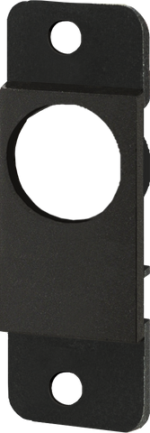 Black panel adapter plate for toggle circuit breaker with central cutout and mounting holes