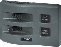 Gray 2-position WeatherDeck waterproof marine switch panel with bait pump and wash down labels