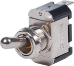 Nickel-plated brass SPST toggle switch with threaded neck and quick-connect terminal