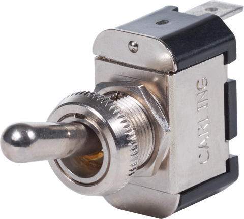 Nickel-plated brass SPST toggle switch with threaded neck and quick-connect terminal