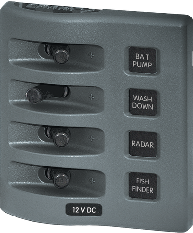 Gray 4-position waterproof 12V DC marine switch panel with toggle switches and labels