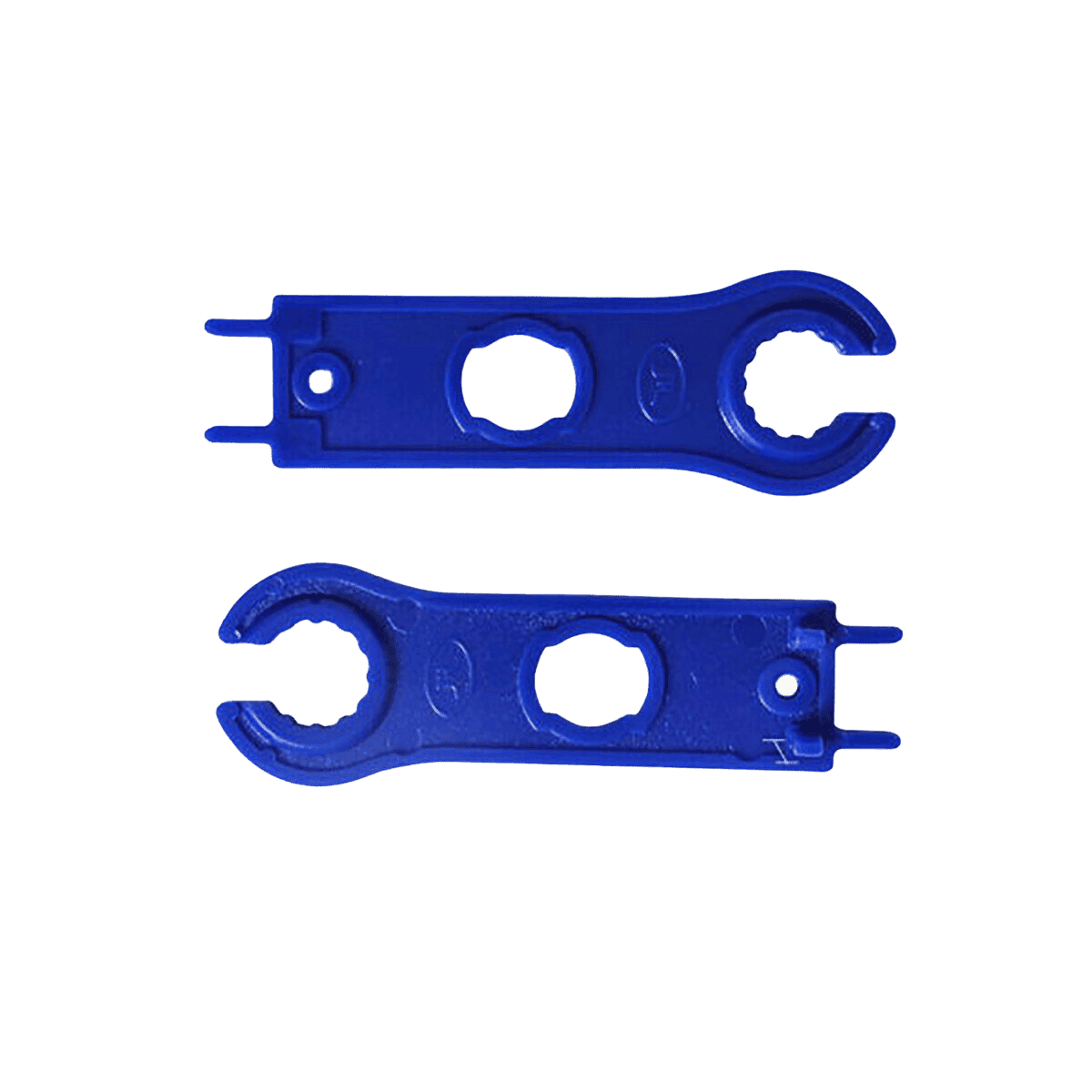 Flat lay of two blue plastic solar connector spanners showing wrench heads and unlocking prongs