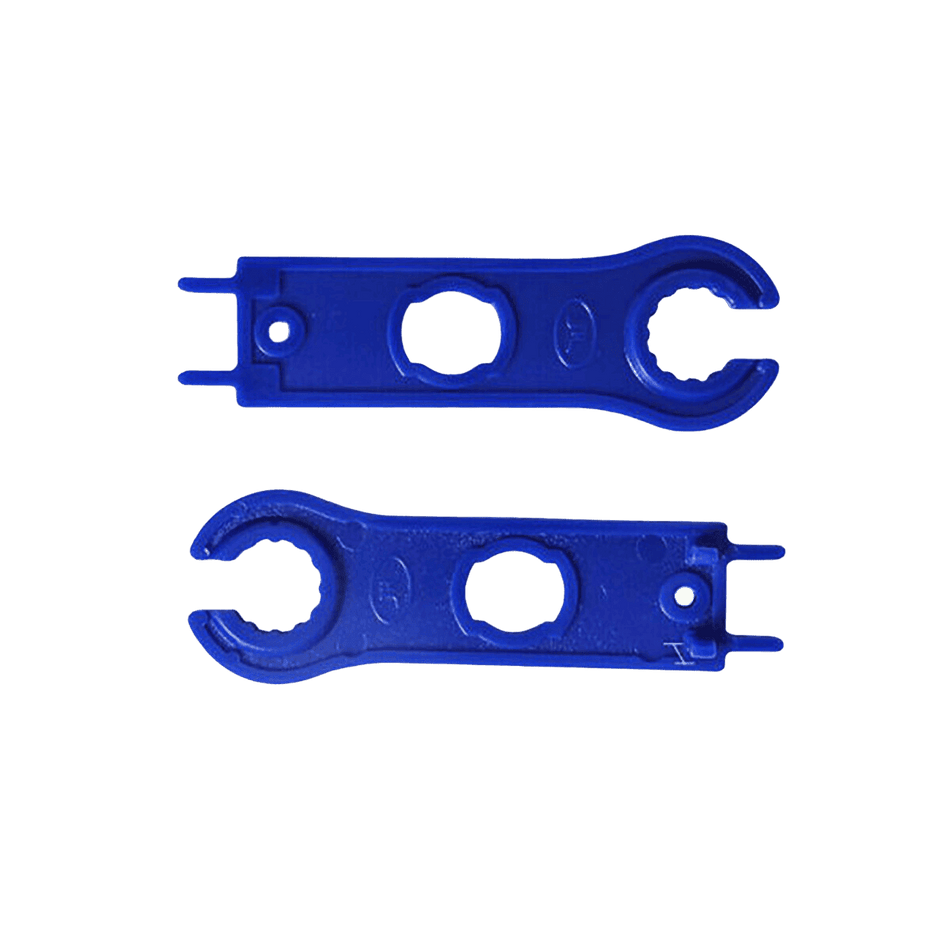 Flat lay of two blue plastic solar connector spanners showing wrench heads and unlocking prongs