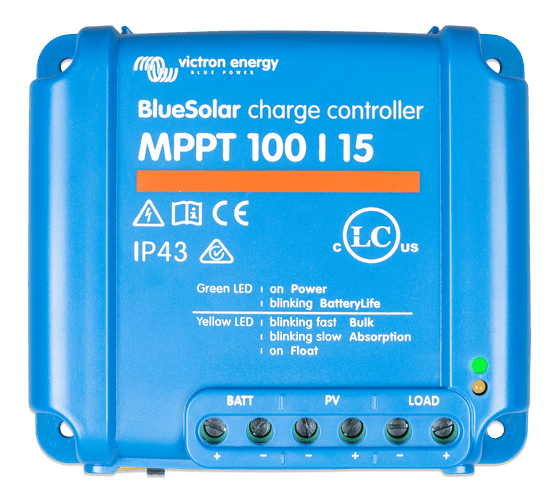 Front view of Victron BlueSolar MPPT 100/15 solar charge controller with LED indicators